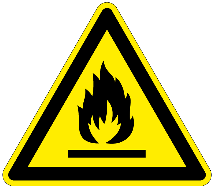 pictogram vuur en vlam, geel zwart, driehoek, iso 7010, w021, brandbare stoffen